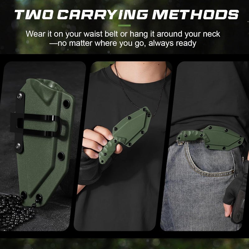 SPITZKANTE Neck Knife with Sheath and Necklace X-TAN-K, Full Tang Tanto Knife with 5Cr14MoV Steel Blade and Green ABS Handle, Horizontal Carry Knives - Image 4